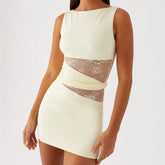 BXOXO Women Sexy Lace Patchwork Mini Dress Sleeveless Slim Fit Cut Out Short Dress Y2K Elegant Cocktail Party Sundress